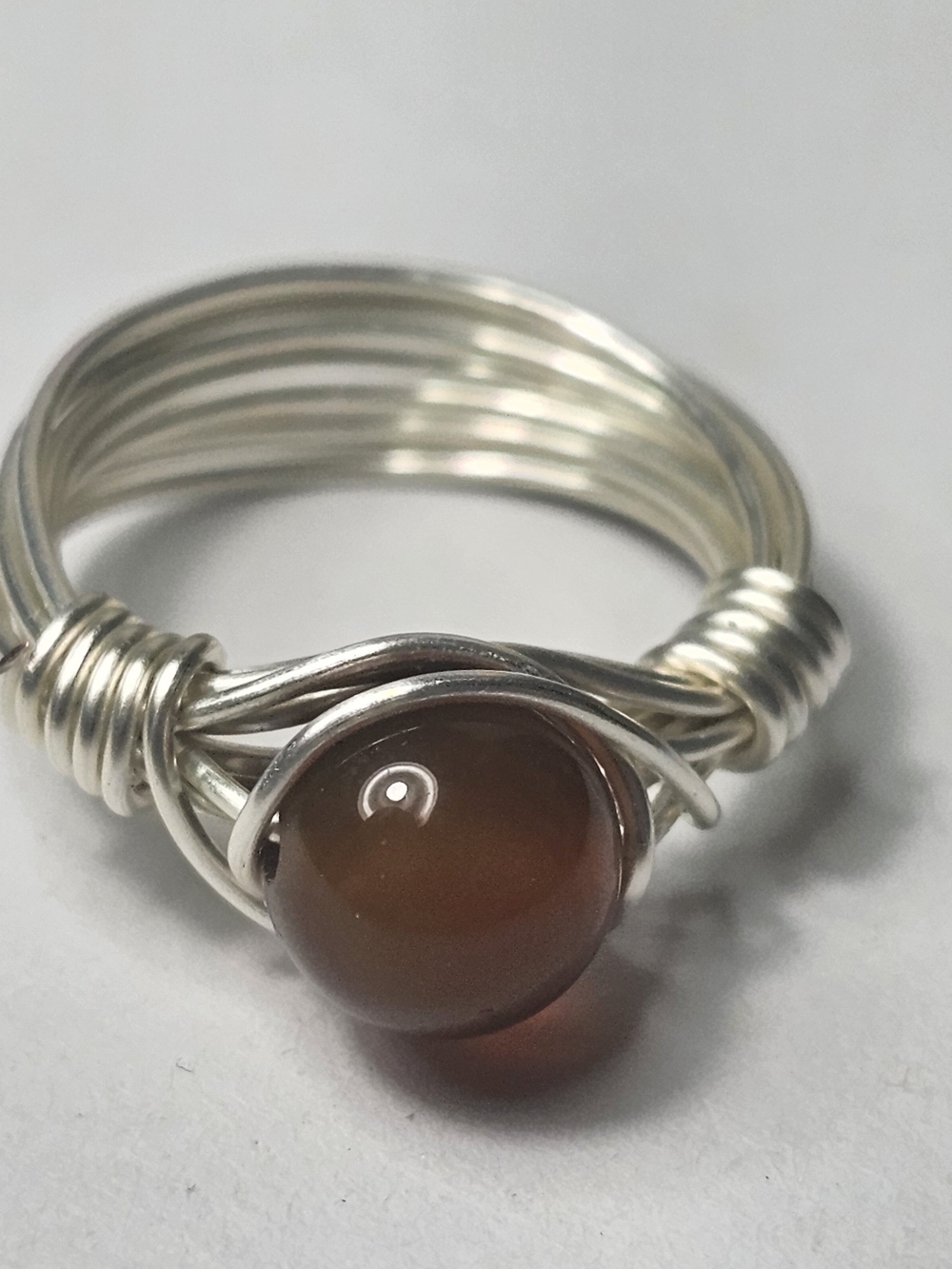 Sterling Wire-Wrapped Ring with Amber Gemstone - Silver and Brown